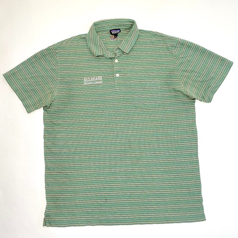 Patagonia Logo "Allagash Brewing Company" Organic Cotton Striped Polo Shirt Sz L